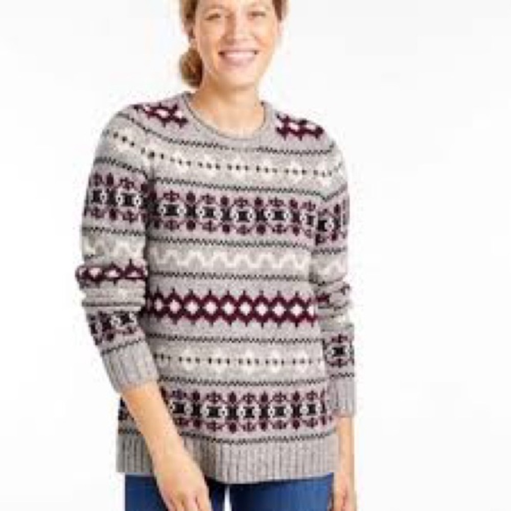 L.L.Bean Classic Ragg Wool Crewneck Sweater featuring a Fair Isle pattern